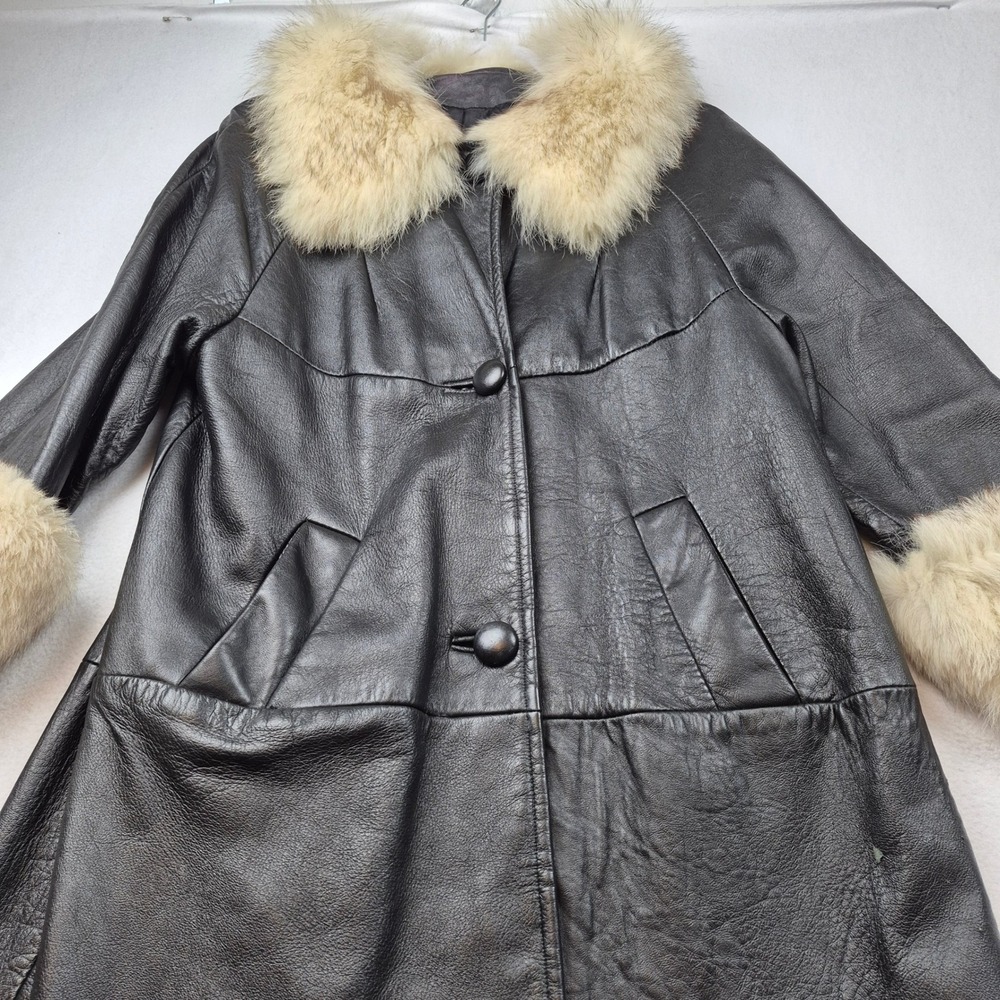 Vintage Black Leather Trench Coat Genuine Fur Collar Cuffs Size 14 Mid Length - Picture 8 of 16